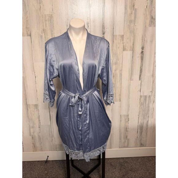 Mother of the Bride Blue Satin Lace Trim Robe - Picture 1 of 7